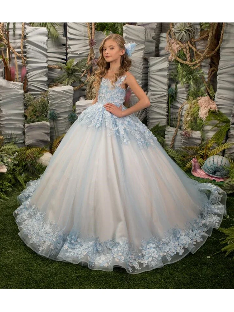 

Элегантные платья с цветочным узором для девочек по индивидуальному заказу на свадьбу, тюлевое платье без рукавов с аппликацией, детское платье для дня рождения с прозрачным вырезом для первого причастия