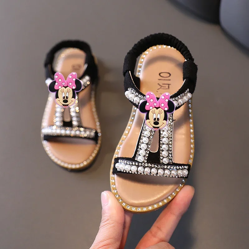 Disney Mickey Mouse slippers Kids minnie cartoon Princess Shoes Girl Pearl Sandals Summer New Baby Peep Toe Princess Beach Shoes