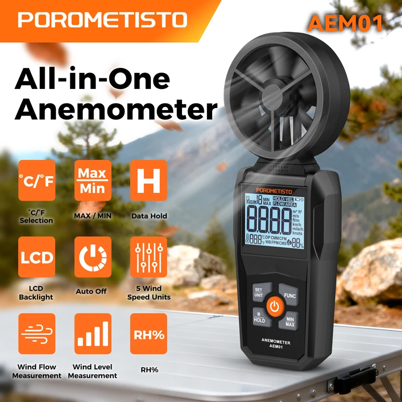 POROMETISTO AEM01 All-in-One Anemometer Handheld Windmeter Wind Speed Flow Level Temperature Humidity Meter With LCD Backlight