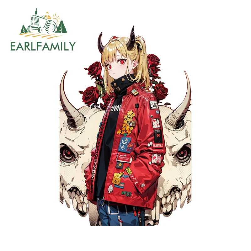 EARLFAMILY 13cm x 8.5cm Punk Demon Girl Car Stickers Fierce Sheep Skull with Rose Fashion Anime Decal Sunscreen Windows Decor