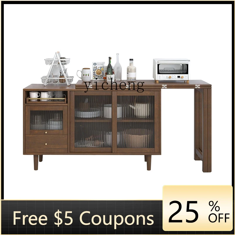 

ZZF Solid Wood Dining Table Sideboard Cabinet Combination Integrated Multifunctional Foldable Cabinet Table