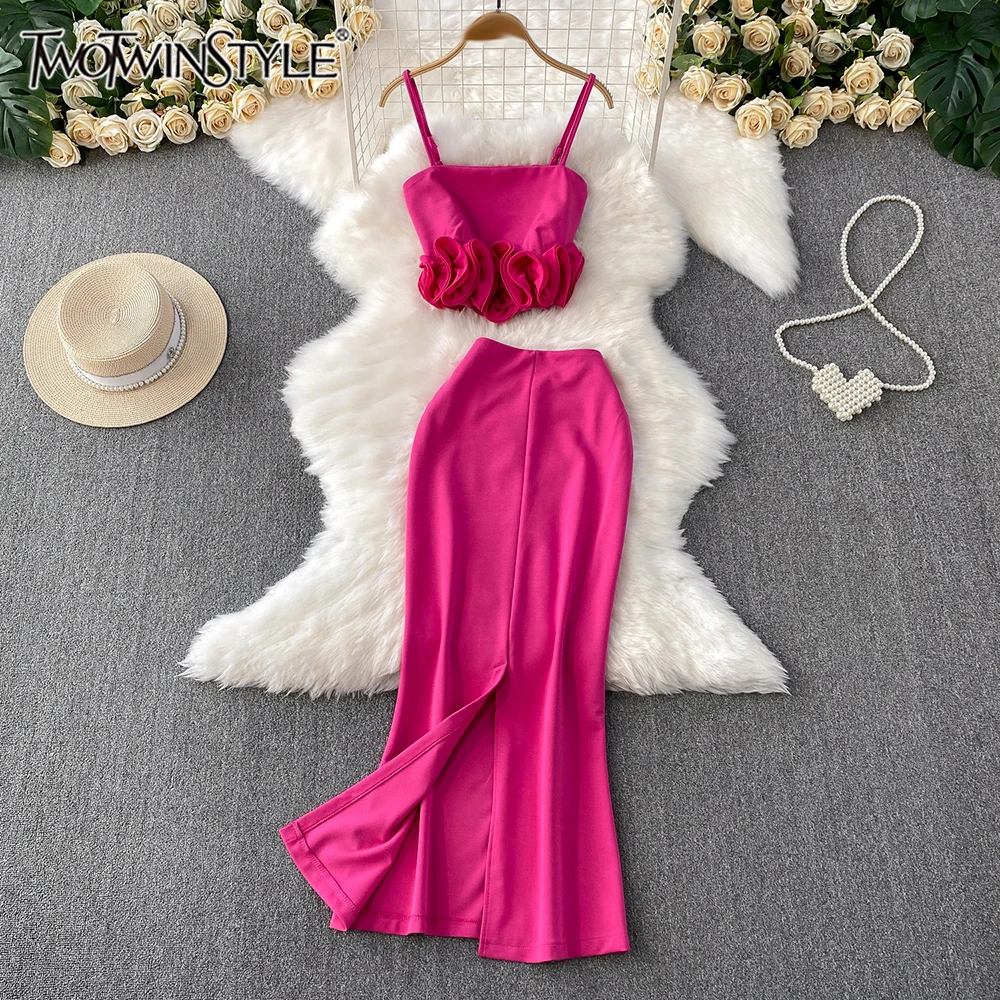 

TWOTWINSTYLE Vintage Two Piece Sets For Women Square Collar Sleeveless Top High Waist Long Skirt Sexy Set Female New KSE545450