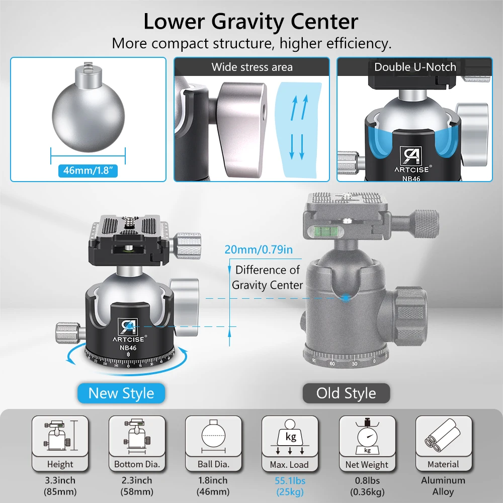 ARTCISE NS80C Professiona Compact Travel CarbonFiber Camera Tripod with 46mm Ballhead and Special-Shaped Center Column,Load 15kg