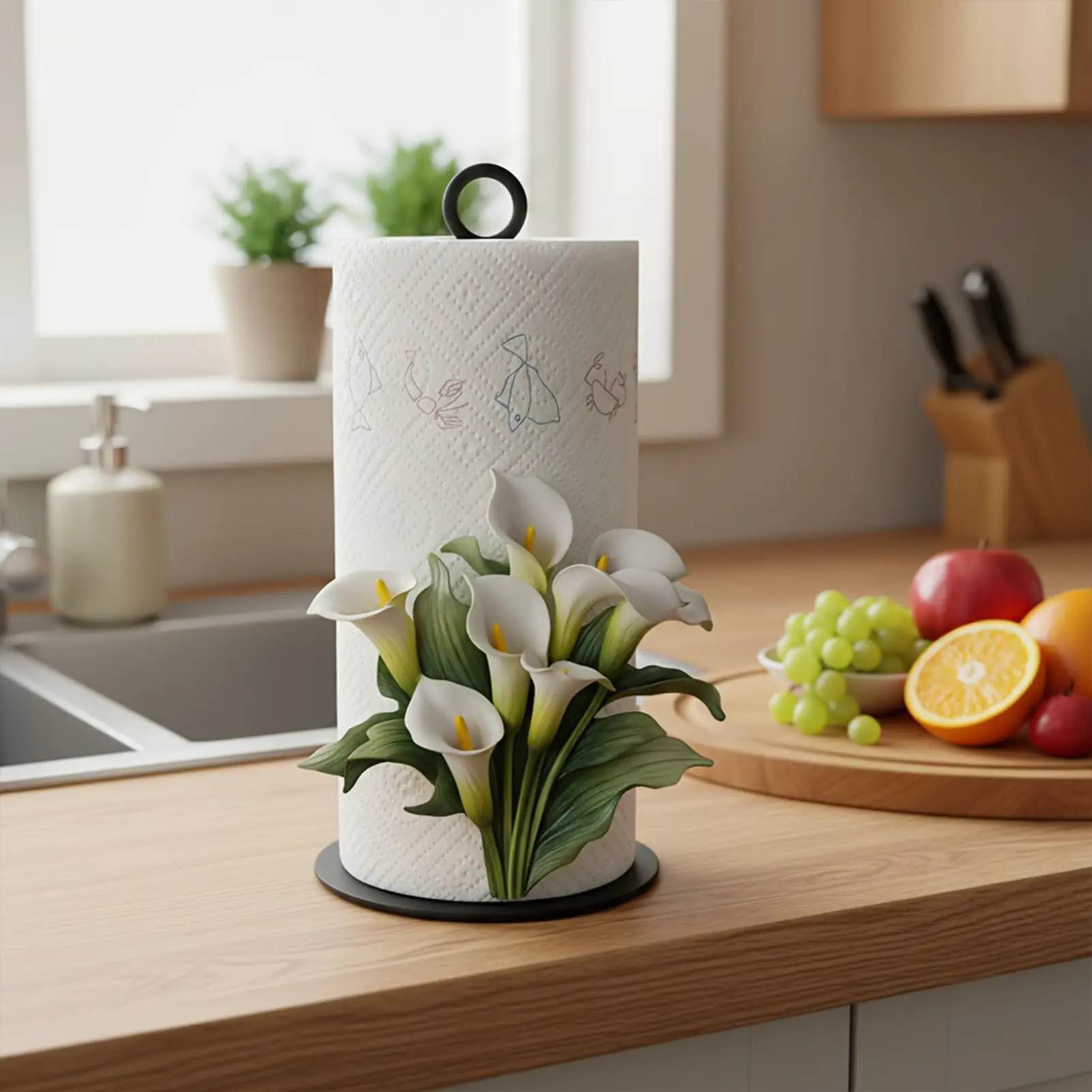 Paper Towel Holder Counter Tissue Roll Storage Rack Kitchen Paper Towel Holder with 2D Flower Pattern for Home Apartment Sink