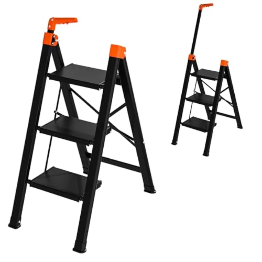 

3 Step Ladder with Single Handrail, Retractable Handgrip 3 Folding Step Stool, Lightweight Aluminum Step Ladder 3 Step Folding,
