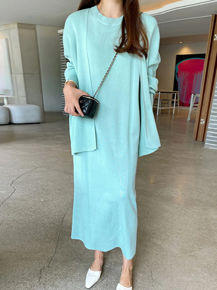 

Chic Early Autumn Lazy Sle Long Sve Knitted Open Cardigan round Ne Loose Casual Knitted Dr Women Faion Set