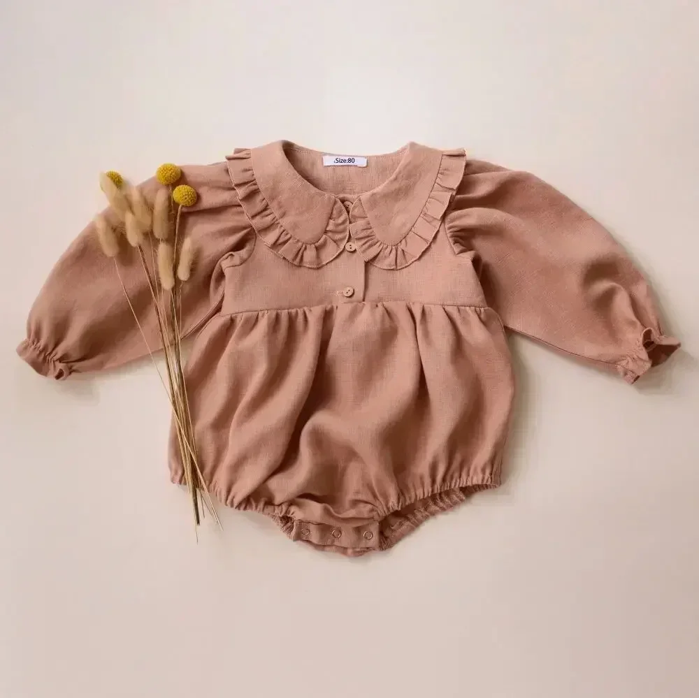 Cute Newborn Girl Romper Linen Cotton Long Sleeved Bodysuit for Girls Spring Autumn Baby Clothes