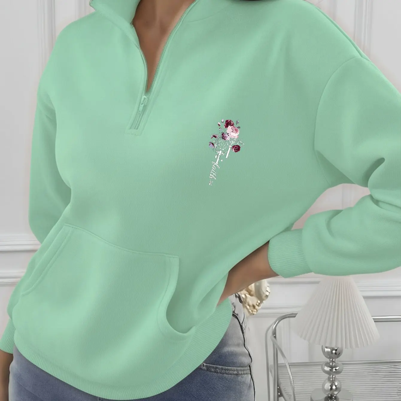 

3D Flower Print Women's Half-zip Stand Collar Top Minimalist Pattern Daily Street Long Sleeve Autumn Casual Comfortable Clothing