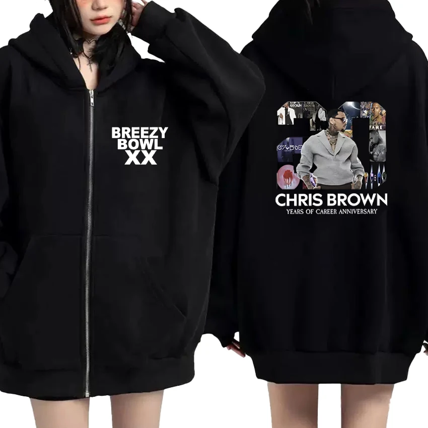 

2025 New In Hot Chris Brown Breezy Bowl XX Tour Hip Hop Zipper Hoodie Autumn Winter Men Women Fleece Loose Outerwear Unisex Coat