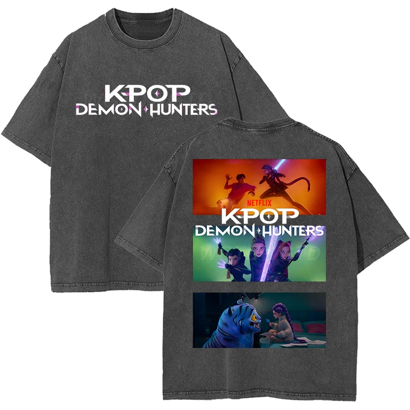 

2025 KPop Demon Hunters Washed T-shirts Men Women Harajuku Short Sleeve Cotton Oversized T Shirt Anime Graphic Washed Tees Tops