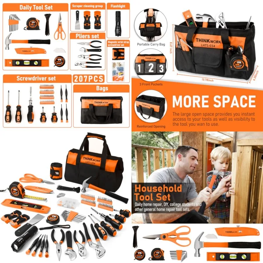 

THINKWORK Tool Set - 207 Pcs Portable Home Repairing Tool Kit, General Household Hand Tool Set with 13'' Wide Mouth Open Storag