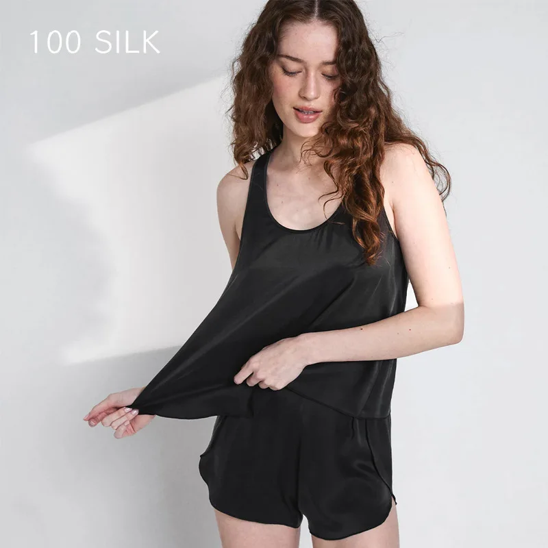 Women's 19 Momme 100% Mulberry Silk Sleeveless Pajama Sets New Summer Vest and Short Camisole Set Nightwear Luxury Loungewear PJ