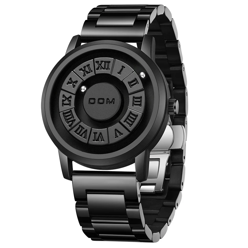 

DOM 1345 Creative Scrolling Pointer Men Magnetic Trend Concept Watches 3D Quartz Watch Waterproof Steel Leather Strap Black