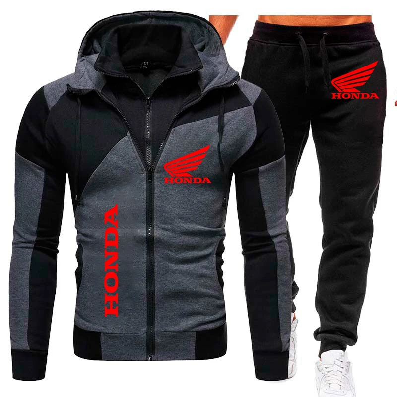 2024 New Honda Tracksuit Men\'s Clothing Honda Wing Logo Print Sportswear Warm Fleece Hoodies+Pants 2 Piece Sets Men Hoodie Suits