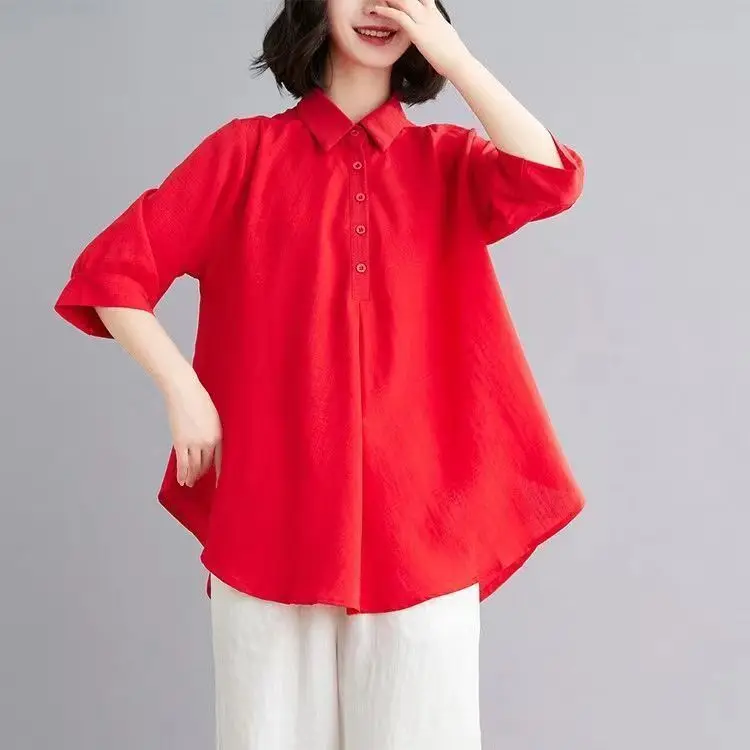 

Ladies Loose Fit Color irt Spring Summer Faionable Top Collar Button Detail Midi Length Sve Seven Inches