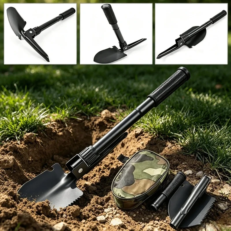 Foldable Multifunctional Shovel with Compass, Outdoor Camping Hiking Gardening Backpacking Tool