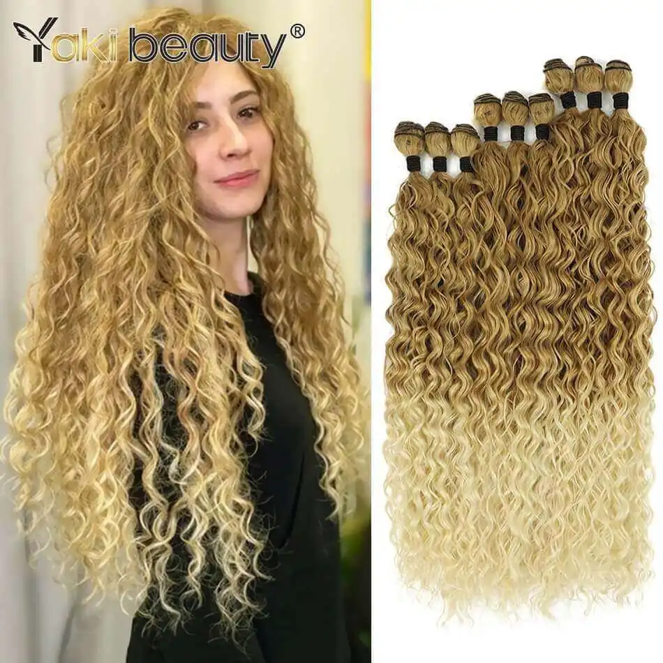 

9 шт./компл., супер длинные синтетические кудрявые вьющиеся волосы, 300 г, органическое волокно, волнистая волна, плетение волос, полный конец, пучок