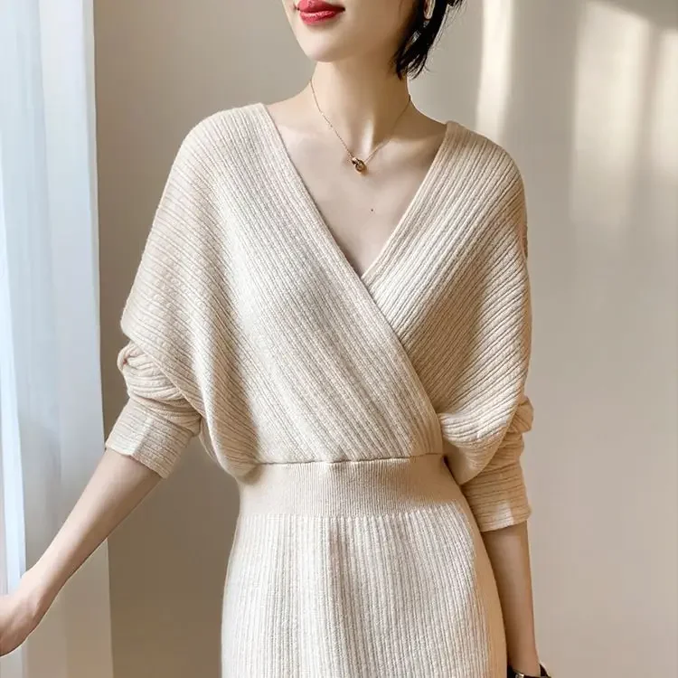 Knit Dress Women V Neck Crisscross Elastic Waist Wrap Hip Dresses Slim Fit Full Sleeve Thick Vestidos Elegant Autumn 2024