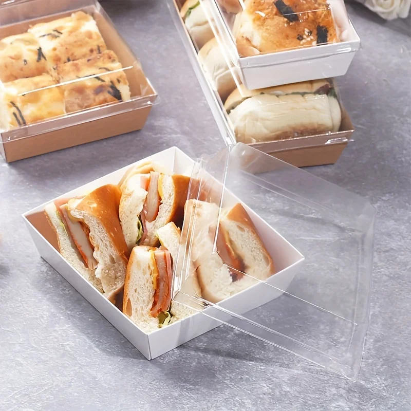 50/100PCS Cooked Food Box with Transparent Lid, Square White Bread Box, Cookie Box, Swiss Cake Roll Packaging Box