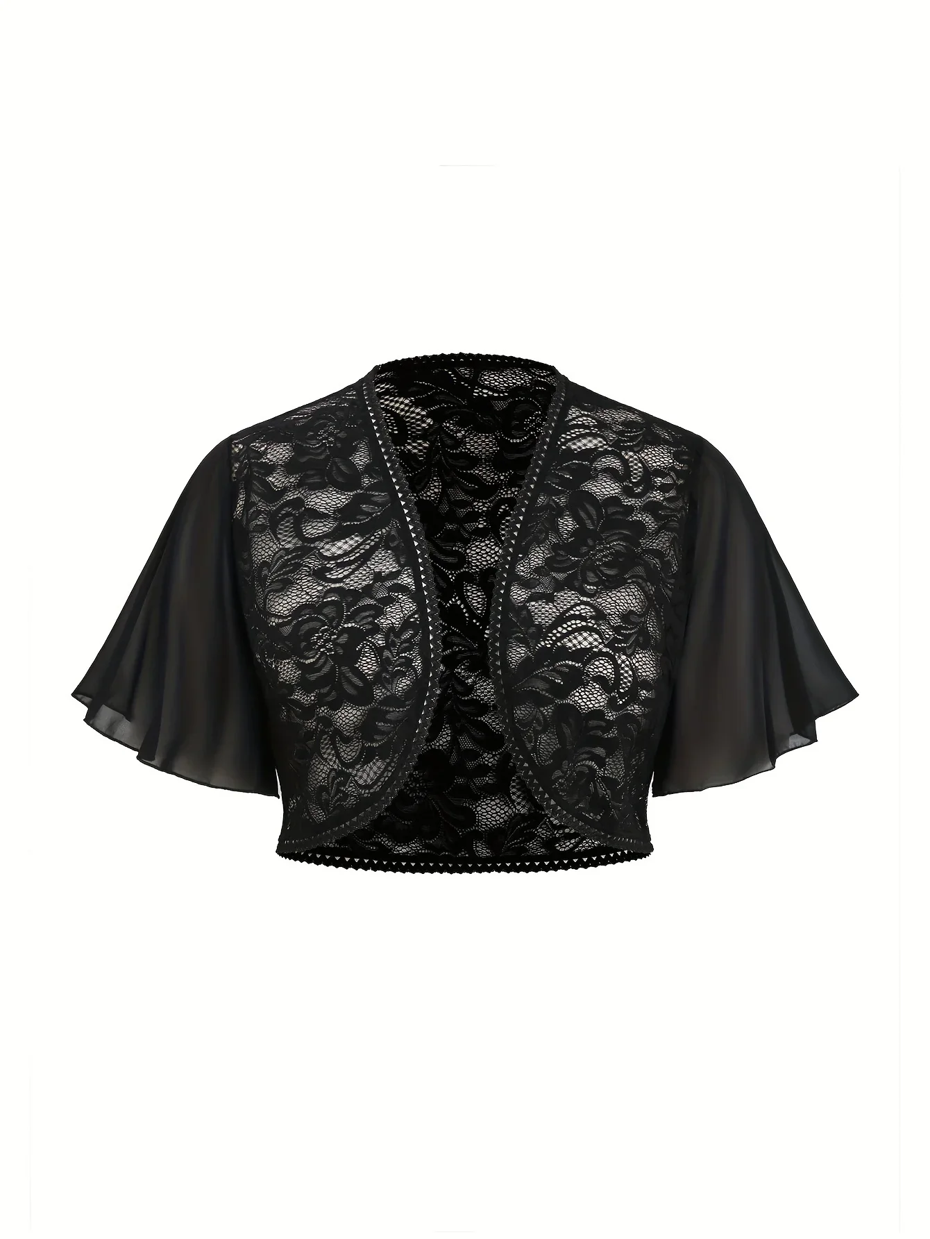 

Короткое кружевное ажурное пальто в европейском и американском стиле, для полных девушек, визуально стройнит, шифоновый жилет с расклешенными рукавами.