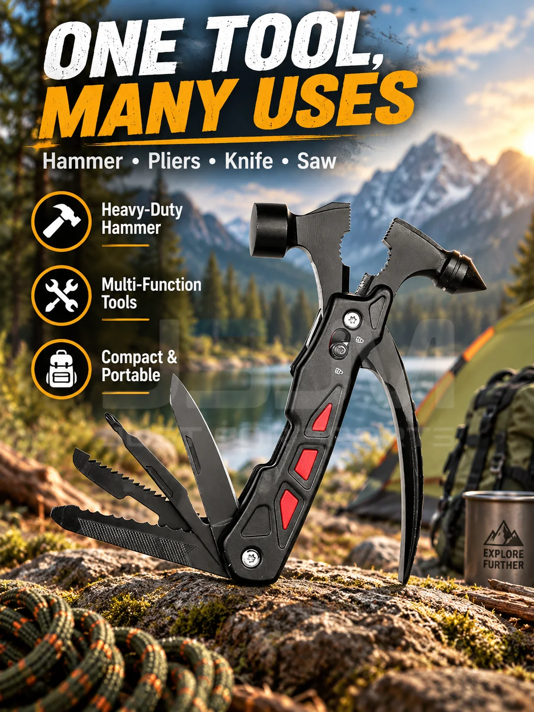 12-in-1 Multifunction Hammer Pliers, Emergency Glass Breaker Knife Saw Screwdriver, Portable EDC Camping Survival Multi Tool