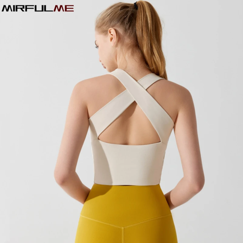 Sujetadores deportivos para mujer con tirantes cruzados, tops de yoga, ropa interior sin costuras con dobladillo ancho, camiseta sin mangas para correr con almohadillas, chaleco de fitness con cuello en U, sujetador deportivo.