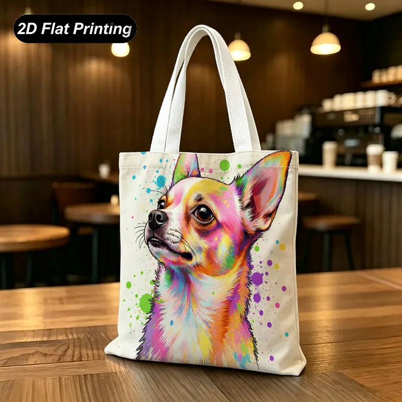 1PC【Tote Bag】2D Flat effect，Tote bag with a colorful splatter-paint style Chihuahua pattern，Lightweight and large capacity，Adapt