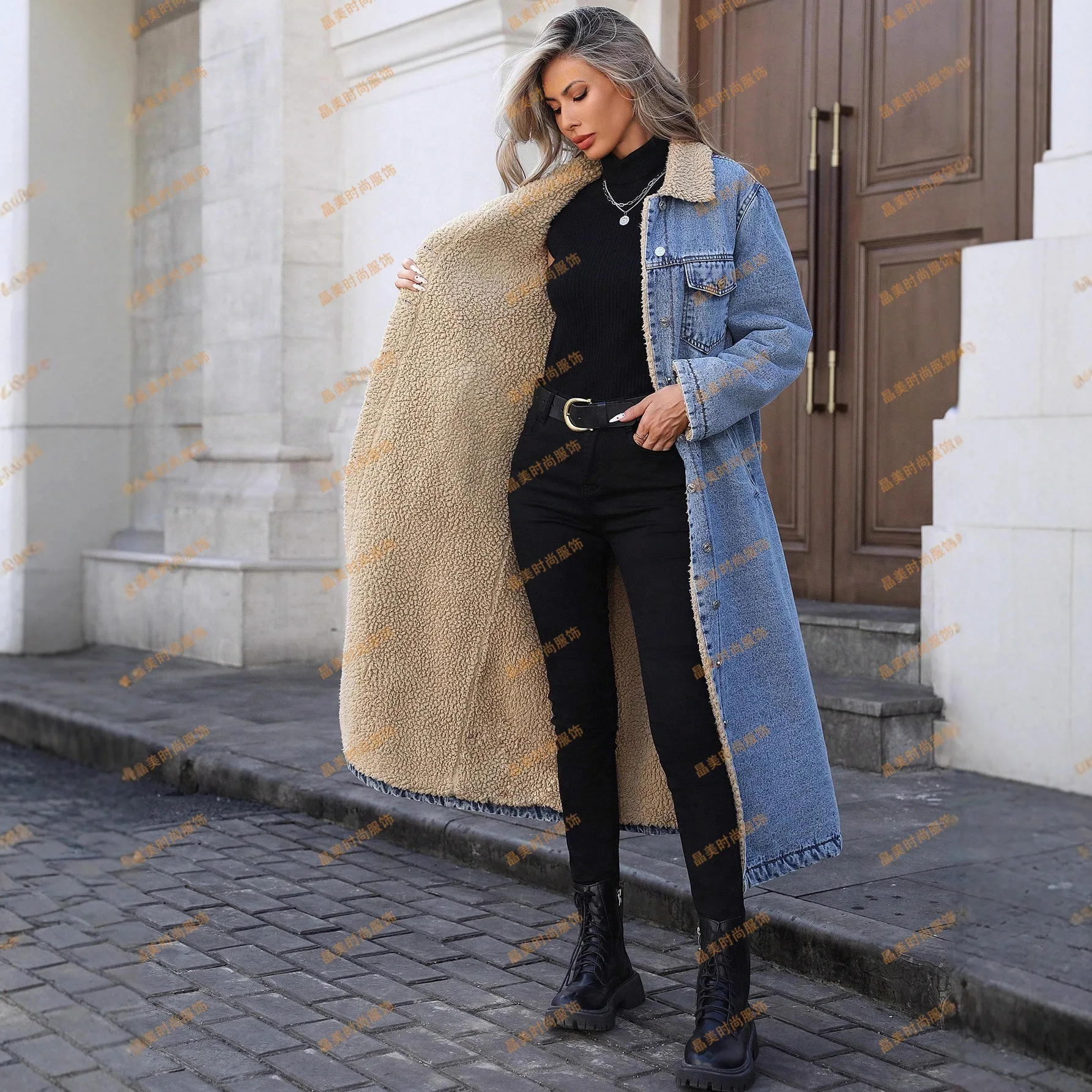 

Бархатный джинсовый плащ, женское длинное джинсовое пальто, воротник из искусственного меха на подкладке, теплая зимняя куртка на пуговицах, джинсовая верхняя одежда, модная