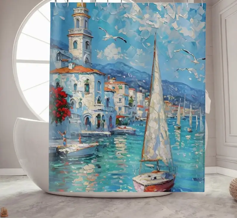 

Занавеска для душа с морской парусной лодкой - Декор для ванной комнаты прибрежного океана, подарок на новоселье в стиле пляжного дома