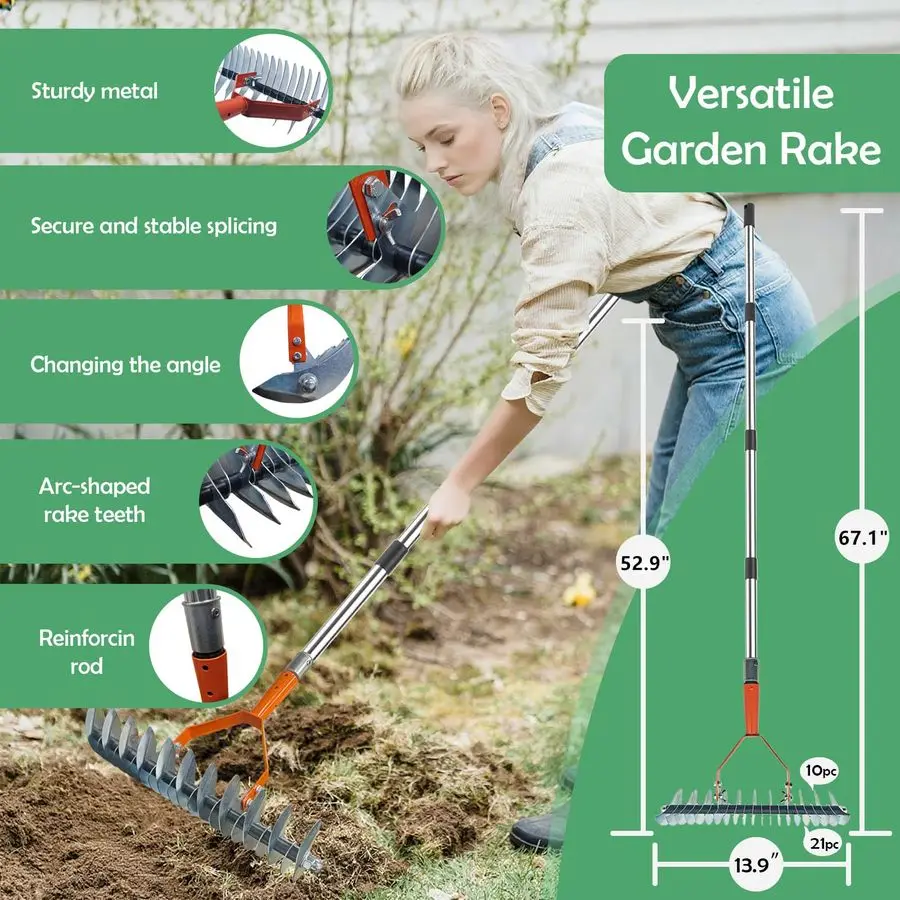 أداة سحب الأعشاب، مكشطة مجرفة مسطحة متعددة 12 شديدة التحمل، 14 مشط من الفولاذ مع مقبض طويل قابل للتعديل لأوراق الشجر ومضخم الطحلب Ed