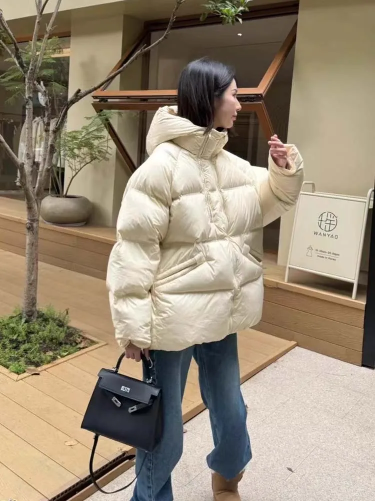 Luxury Fluffy Hoodedลงเสื้อแจ็คเก็ตผู้หญิงOversizeซิปแขนยาวPuffer Coat 2025 ฤดูหนาวWarm Outwear Solid INKEO DJ090