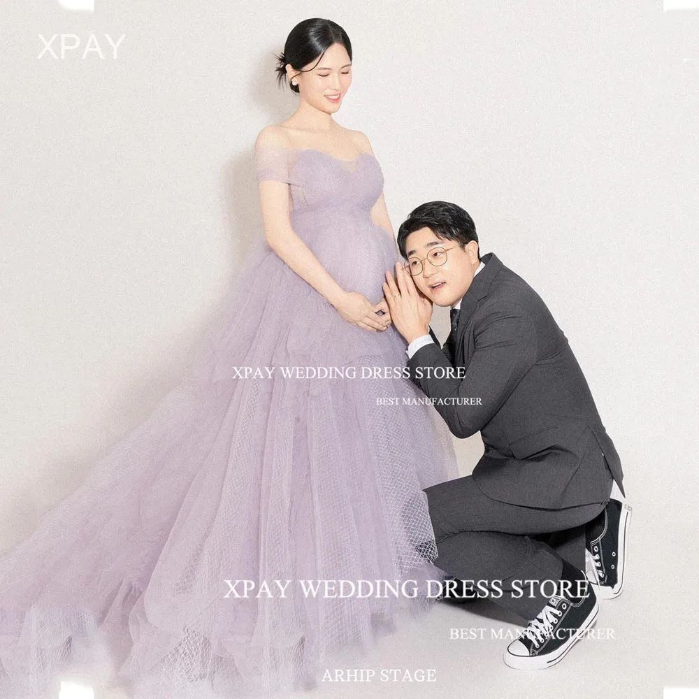 

XPAY Lavender Sweetheart A Line Korea Evening Party Dresses Pregnant Short Sleeve Prom Party Gown Ruffle Formal Occasion Dress