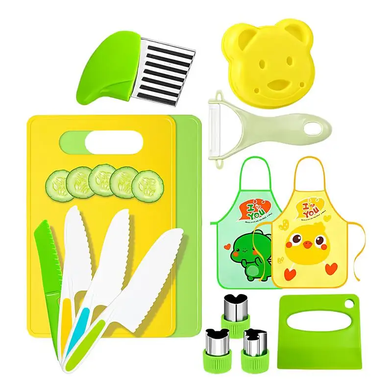 15pcs Kitchen Cooking Set with Cutting Board Cutter Montessori toy Real Cooking Experience Tools for Kids Proof 3-12 Years Old