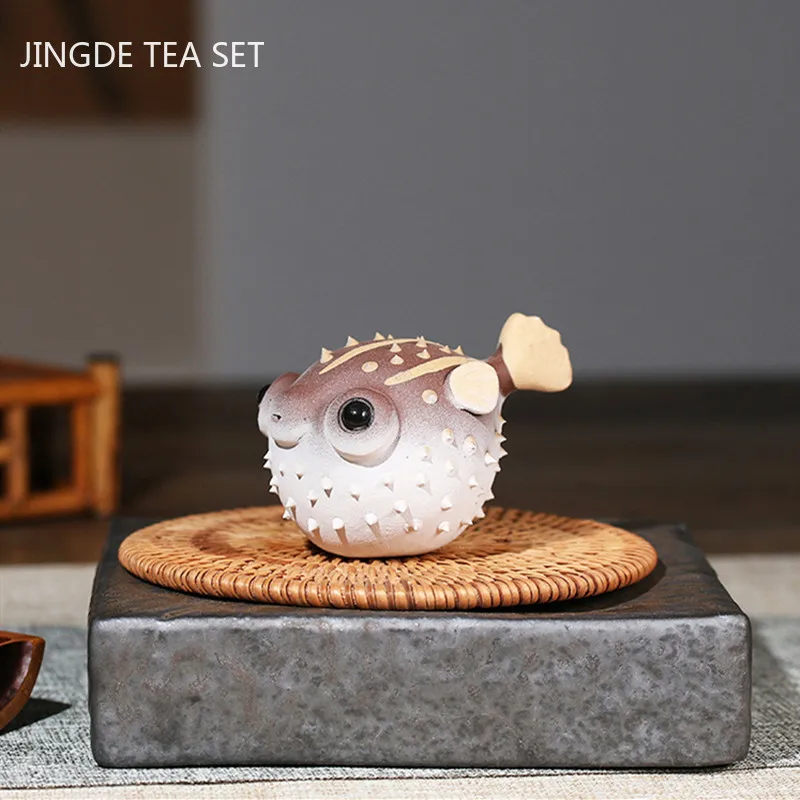 2Pcs Boutique Purple Clay Tea Pet Ornaments Handmade Puffer Fish Sculpture Tea Art Decoration Flower Pot Tea Tray Decor Crafts