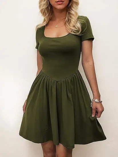 

Spring and Summer Short Sleeve Square Neck Elegant Women's Clothing Slim Fit Solid Color Skinny Dress Medium and Long dress