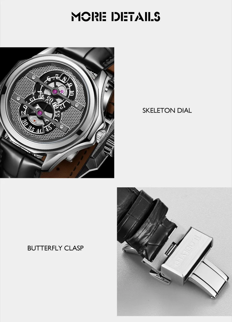 OBLVLO Мужские автоматические часы 41 мм Механические наручные часы Jump Hour Водонепроницаемые сапфировые светящиеся скелетонизированные циферблаты