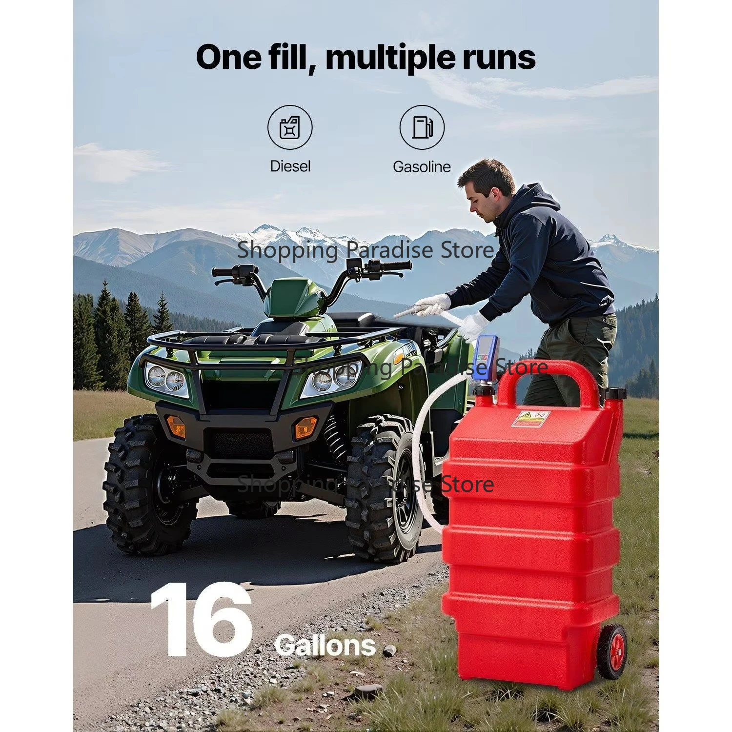 16-Gallon Portable 12V DC Fuel Transfer Pump Auto-Stop Sensor Die-sel G-asoline Red Nozzle Tank Adapters 4 Ft Delivery Hose Fuel