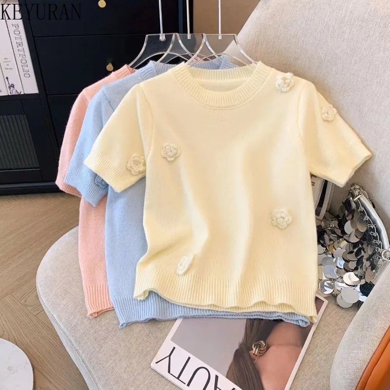 French Sweet Three Dimensional Flower Short Sleeve Sweater Women 2024 New Spring/Summer Round Neck Pullover Knitwear Tops Jumper