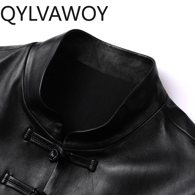 QYLVAWOY 탑 레이어 양피 가죽 자켓 남자 스탠드 칼라 정품 가죽 코트 남성용 가죽 자켓 Tang Suit jaquetas