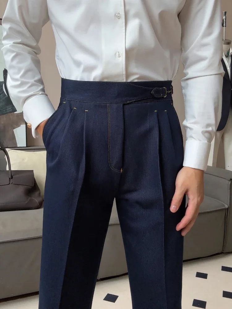 

Итальянские мужские джинсы прямого кроя с высокой талией цвета хаки для делового и повседневного стиля, осенне-зимние модные брюки для работы и отдыха