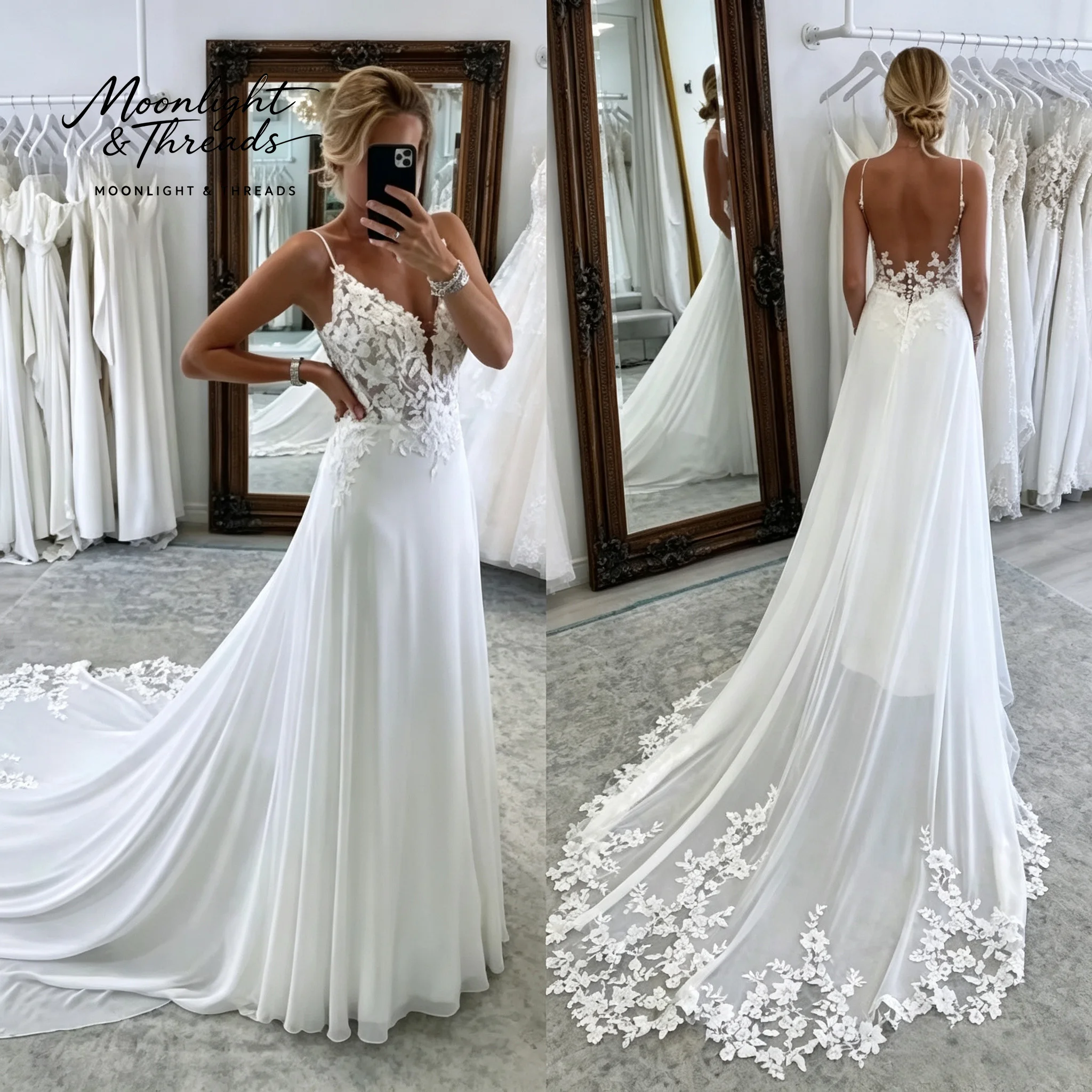 Sexy V-neck trailing-style women's wedding dress with delicate shoulder straps and lace decoration in Bohemian style