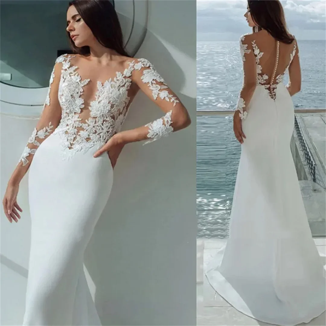 Abiti da sposa a sirena eleganti sexy personalizzati a maniche lunghe Abiti da sposa con applicazioni in pizzo bianco Abiti da spiaggia Abiti da Noiva