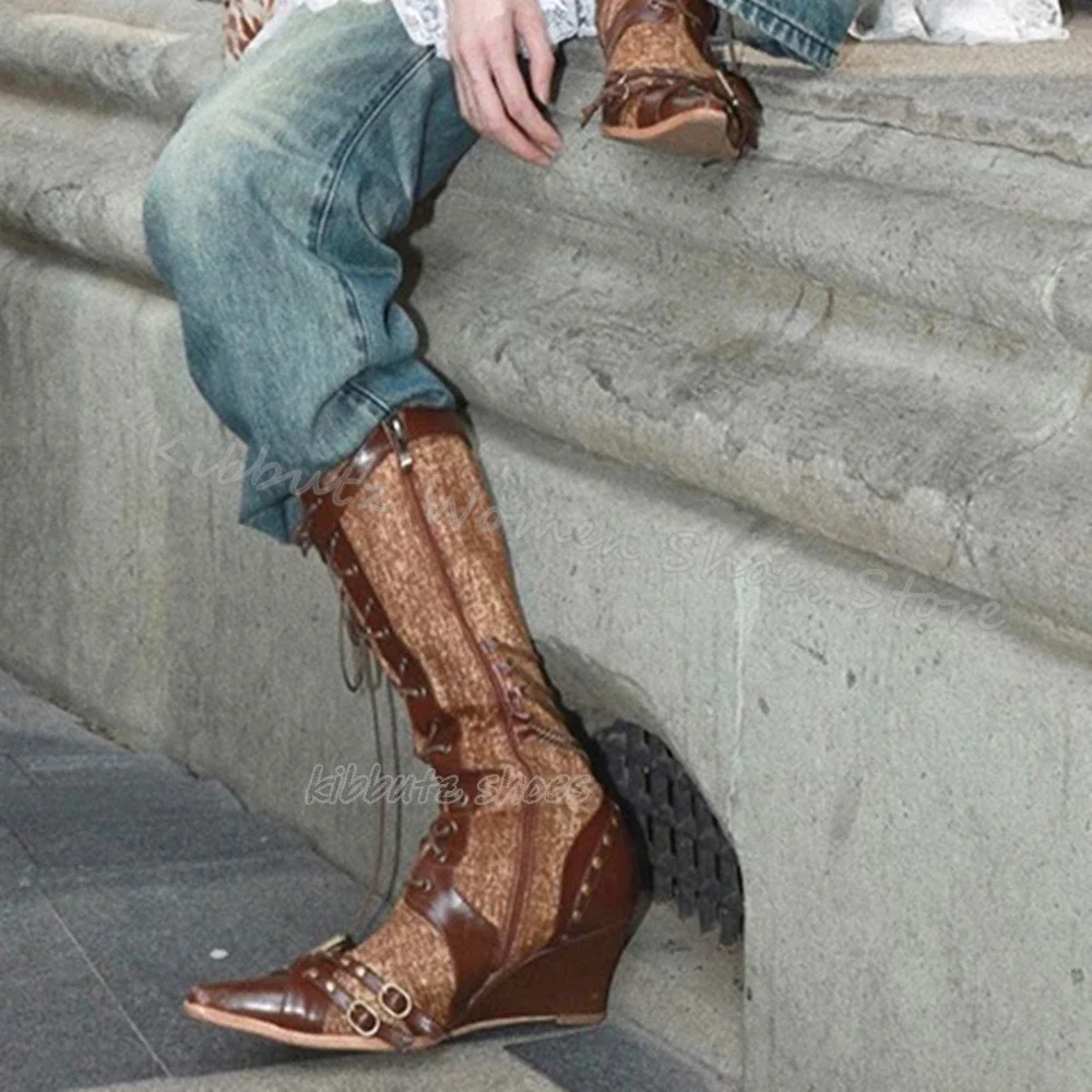 

Cowboy Knee High Boot Vintage Lace-Up Genuine Leather Fashion Sexy Concise Sexy Mixed Color Women Shoes New Pointed Toe Wedges