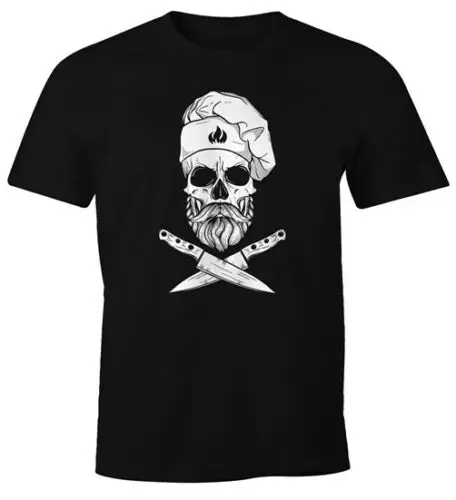 Herren T-Shirt Grillen Koch Totenkopf Messer Hipster Skull Chef Grill-Shirt