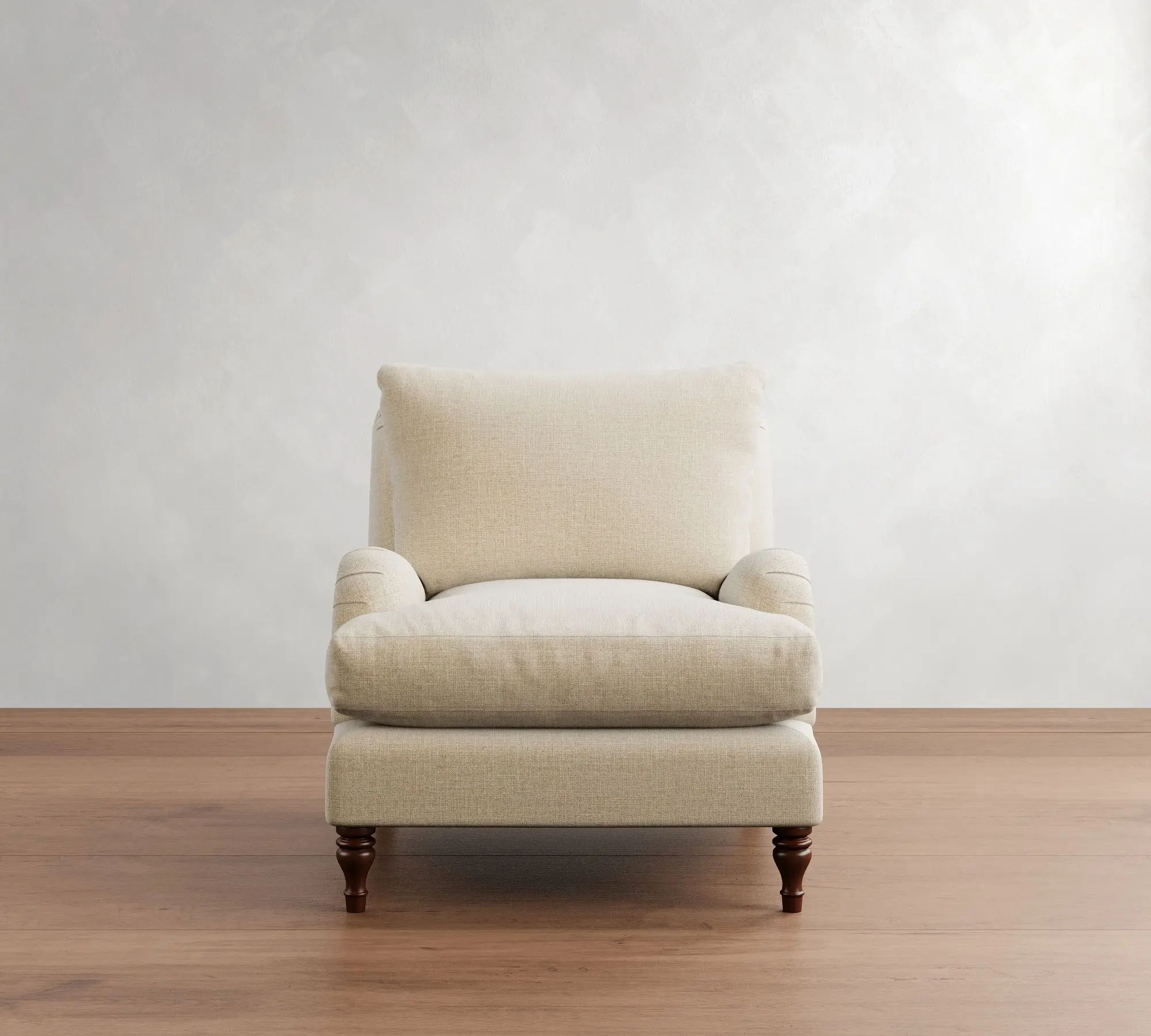 #Premium Upholstered English Roll Arm Solid  Espresso Finish Loose Cushions Corner Blocked Frame Heavy Gauge  Luxury Armchair