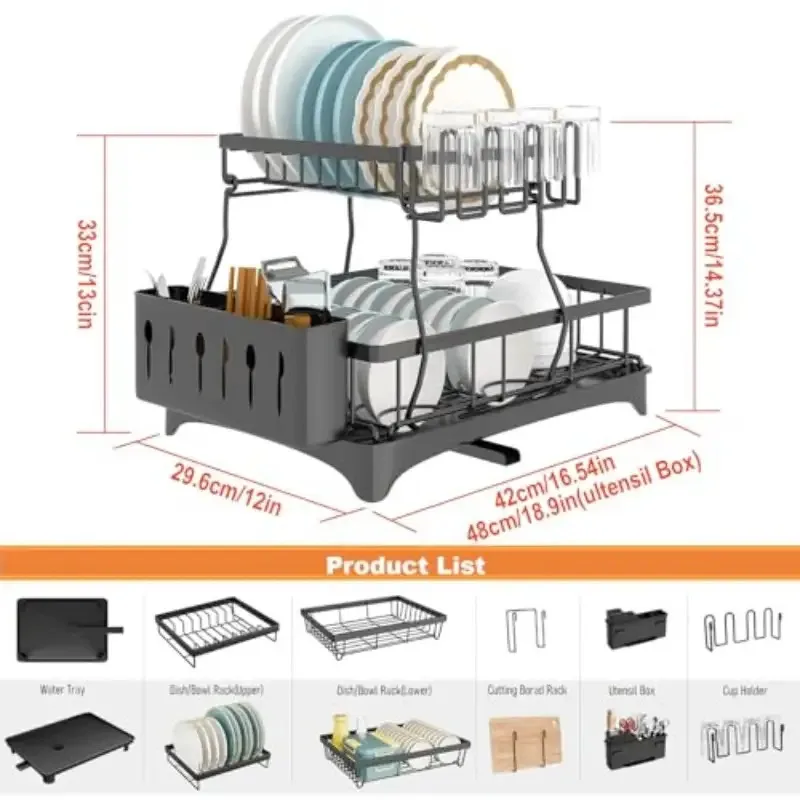 2-Tier Large Capacity Dish Drying Rack with Drainboard, Heavy-Duty Black Kitchen Organizer with Utensil & Cup Holders