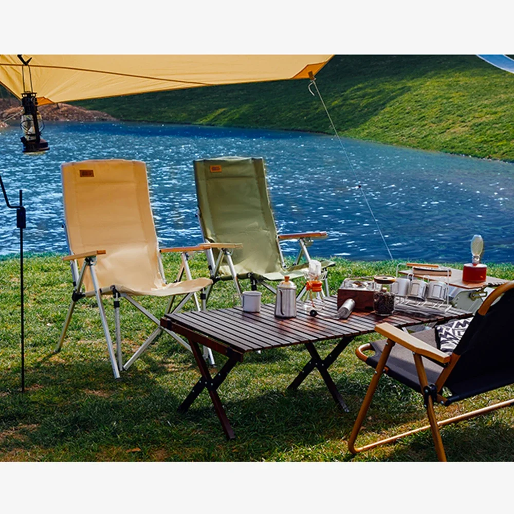 

Outdoor Camping Beach Recliner Chair Aluminum Alloy Folding Lightweight Chair with Wood Armrest for Picnic Barbecue