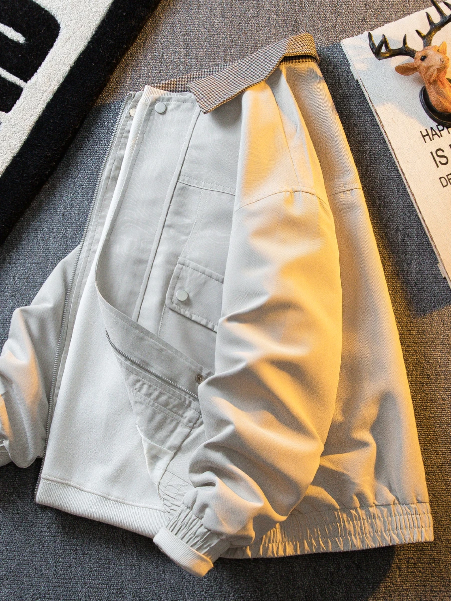 

CP Men's Casual Plaid Work Jaet Autumn Faion Loose Fit Color Blo Collar Stand up Polyester Long Sve Zipper Coat