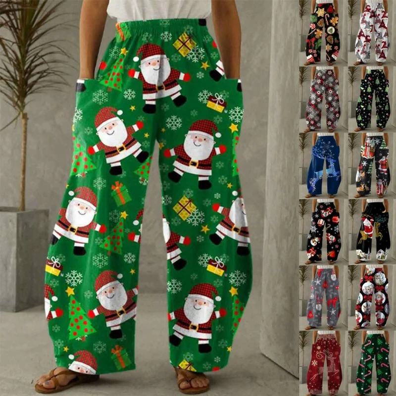 Unisex Christmas Digital Printing Pants Cartoon Fashion Loose Casual Big Pockets Wide Leg Pants Christmas Lantern Trousers