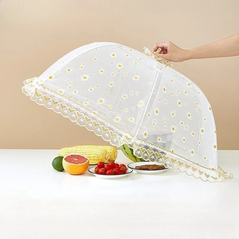 

Daisy Lace Edge Vegetable Cover,Round Dustproof Fly Proof Cover for Kitchen Dining Table,Breathable Foldable Hung Umbrella Cover